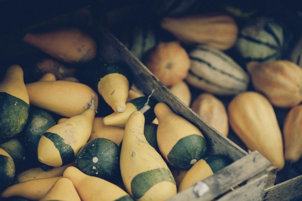 Des courges de saison dans une caisse en bois